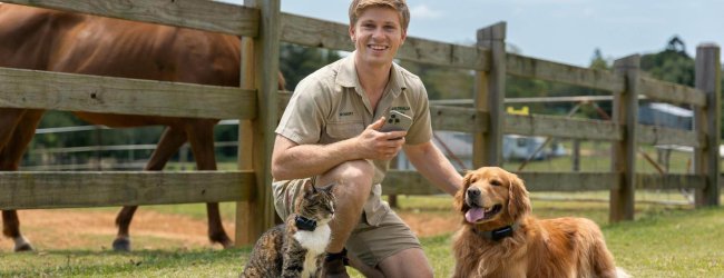 Robert Irwin poses outdoors with a dog and cat wearing Tractive Smart Trackers
