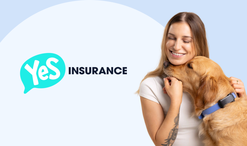 Pet with owner and tracker and Yes Insurance logo