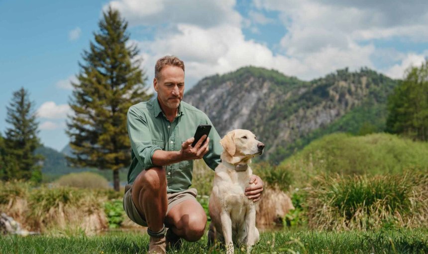 Ein Mann, der sein Handy neben einem Hund überprüft, der einen Tractive GPS & Health Tracker trägt.