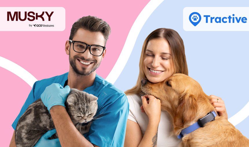 Image showing a partnership between Tractive and Musky, featuring a woman with a dog and a man with a cat.