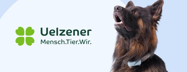 Uelzener pet insurances logo next to a German Shepherd wearing a Tractive Smart Tracker on their collar