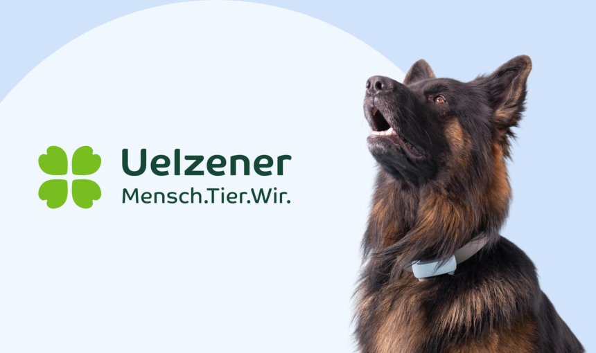 Uelzener pet insurances logo next to a German Shepherd wearing a Tractive Smart Tracker on their collar