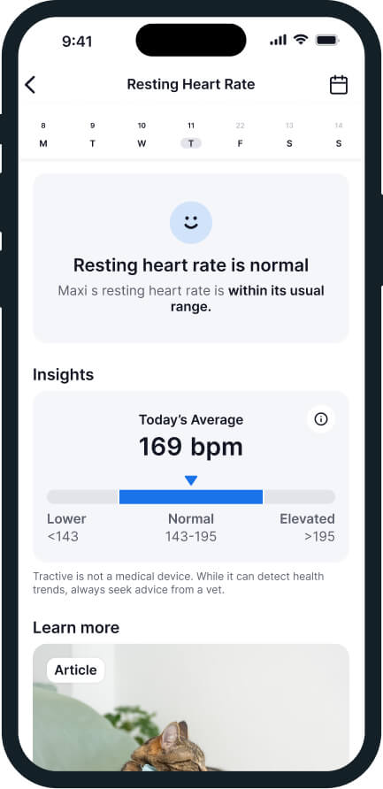 Cat resting heart rate monitoring feature by Tractive (screenshot)