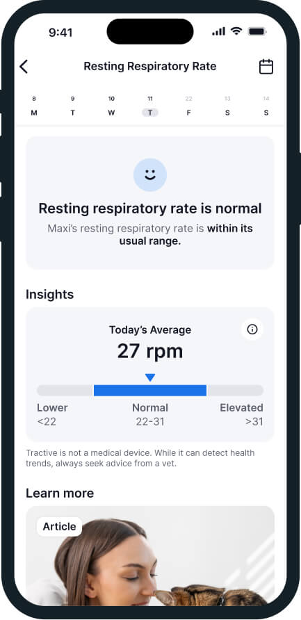 Cat respiratory rate monitoring feature from Tractive (screenshot)
