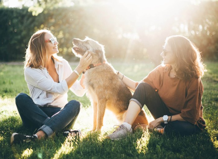 two woman sitting down outdoors with a dog