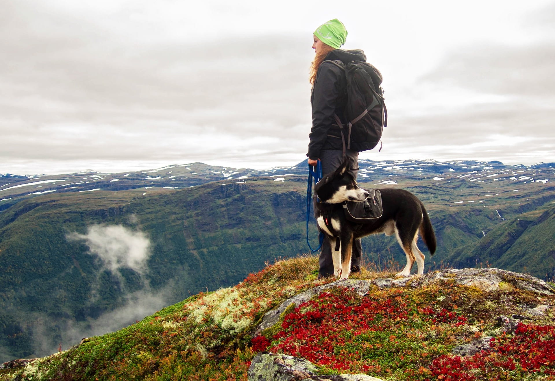 A woman hiking with her dog