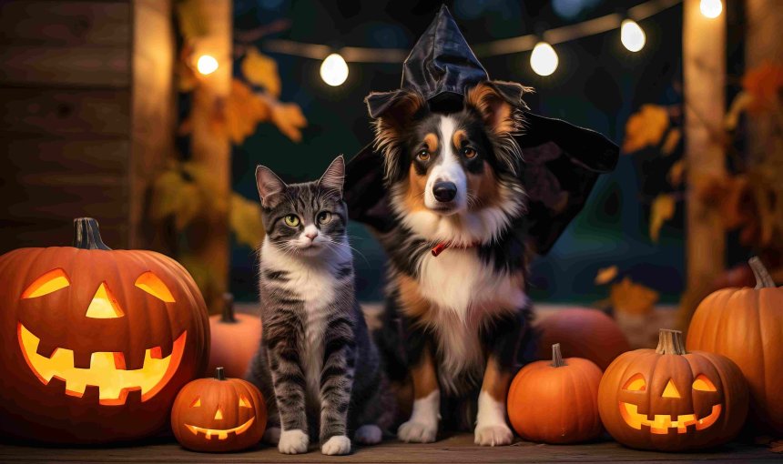 A dog and a cat sitting by a porch with Halloween decorations around them