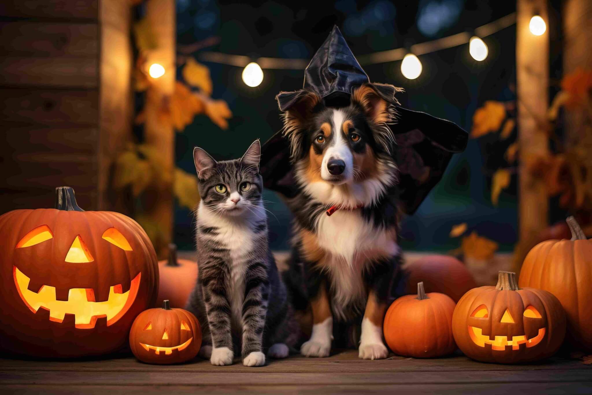 A dog and a cat sitting by a porch with Halloween decorations around them