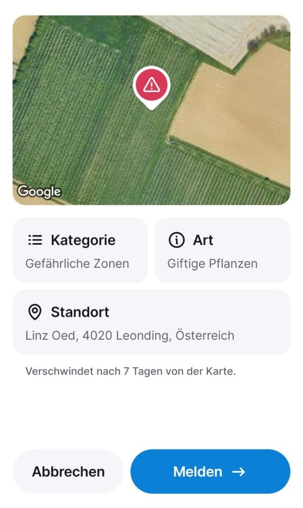 Gefahrnmeldung in der Tractive App