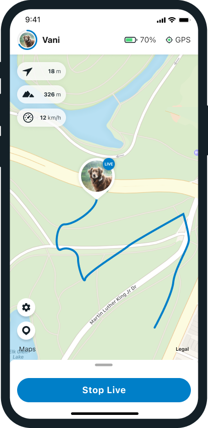 Et skjermbilde av hvordanTractive GPS-appen viser sporing av hunden i sanntid