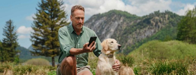 Un hombre revisando su teléfono junto a un perro que lleva un rastreador Tractive GPS & Health.