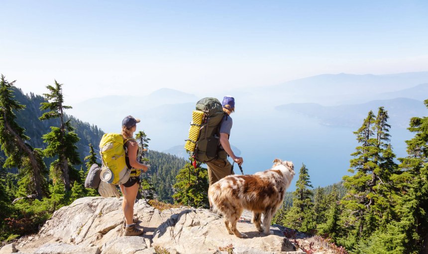 Zwei Wanderer mit Rucksack und Hund stehen auf einem Bergfelsen und genießen das Panorama