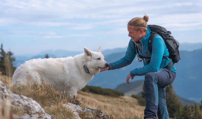 Un homme fait de la randonnée avec un chien blanc qui porte un traceur GPS Tractive.