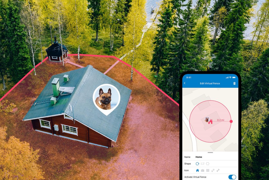 Holzhaus, Waldgrundstück und See von oben, mit virtuellem Zaun versehen, plus Screenshot der Tractive GPS App mit Weglaufwarnung