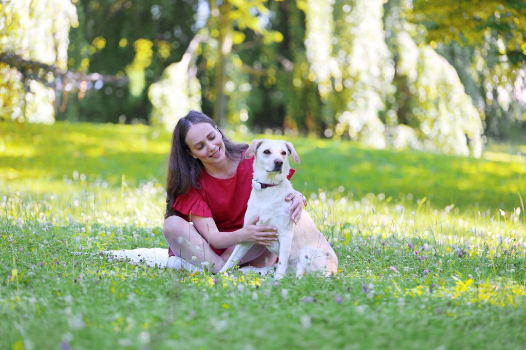 woman and dog sitting down in the grass in summer