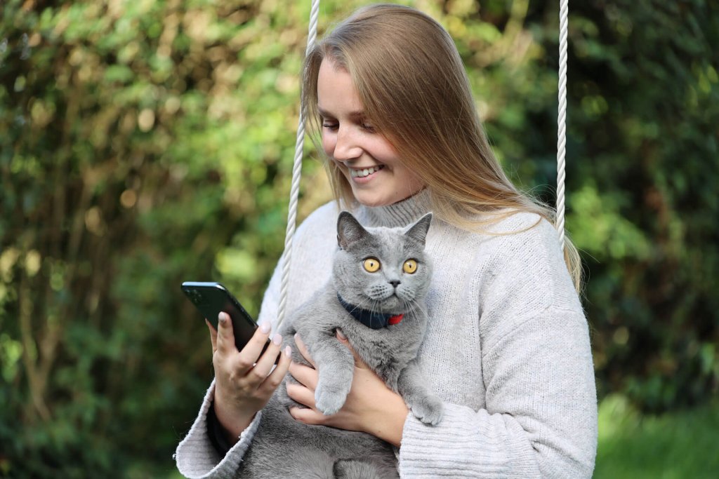 Gato gris claro en brazos de su dueña en un columpio, mirando la aplicación de Tractive en su móvil.