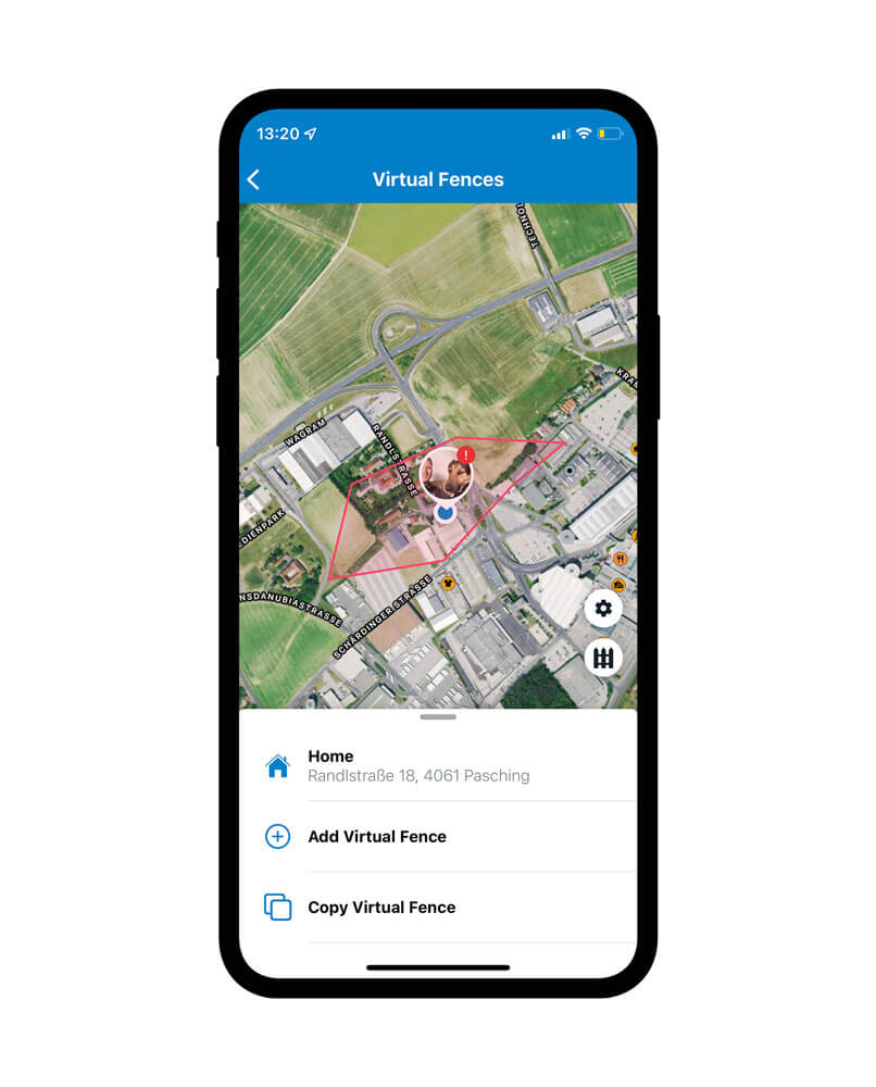 Tractive GPS virtuellt staket i app, illustration