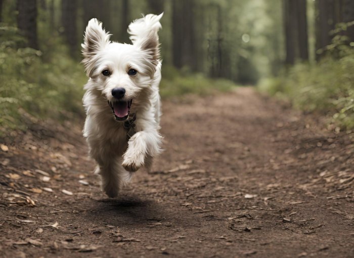 A dog running off into a forested area
