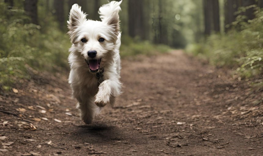 A dog running off into a forested area