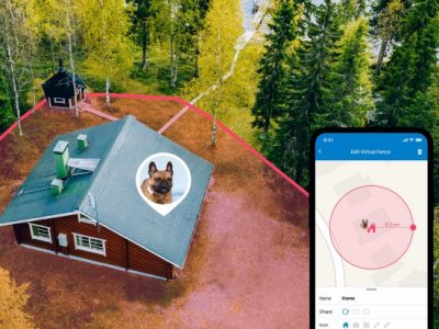 Waldhütte mit virtuellem Zaun im Hintergrund, Tractive GPS App Screenshot im Vordergrund