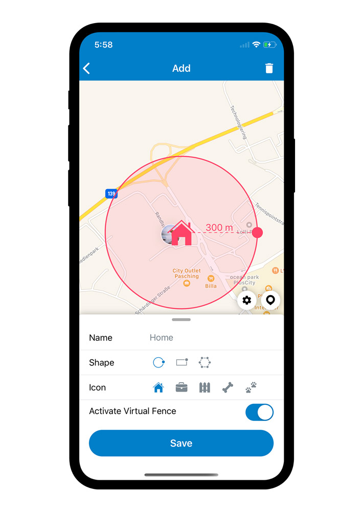Screenshot der Tractive GPS App zum Einrichten von virtuellen Zäunen