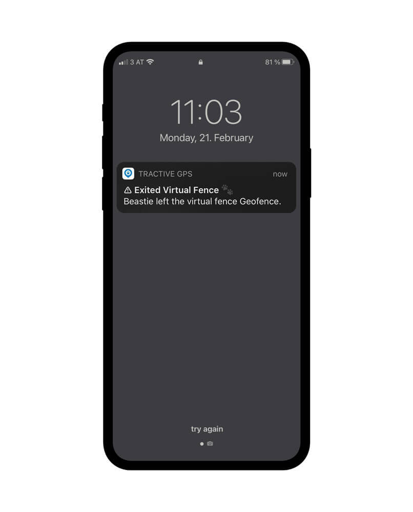 capture d'écran d'une notification de la clôture virtuelle Tractive sur un smartphone