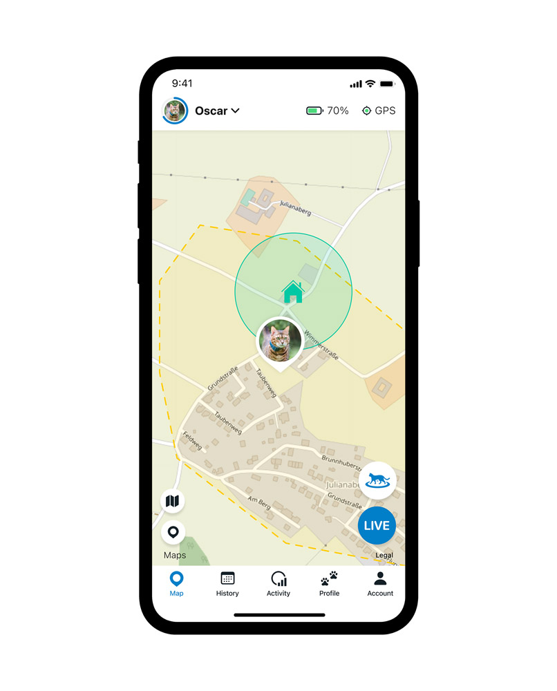 territorium van een kat zoals getoond in de tractive gps-app