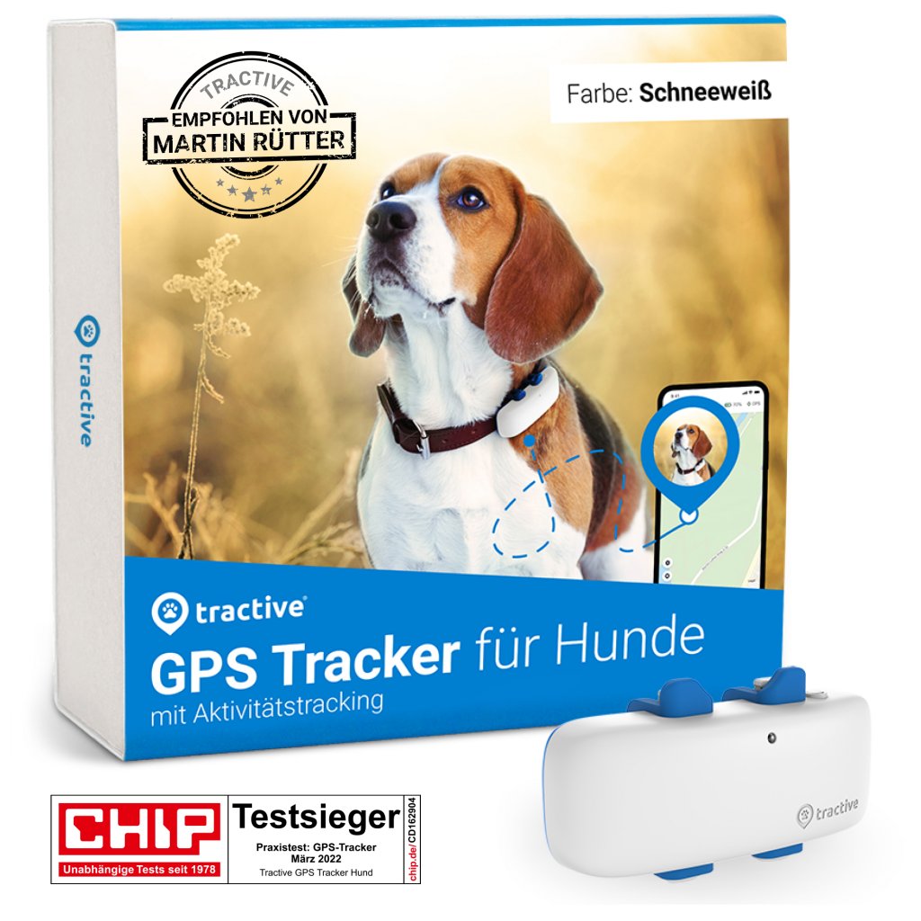 Tractive GPS Tracker für Hunde mit Verpackung im Hintergrund