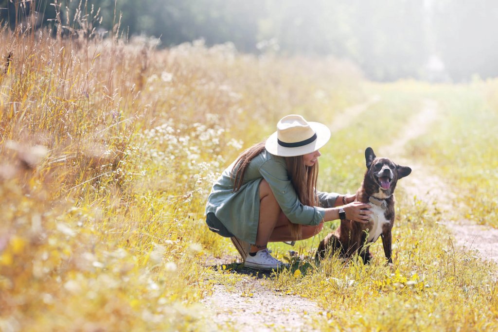 brown dog wearing GPS tracker sitting next to woman leaning down outdoors on a dirt road