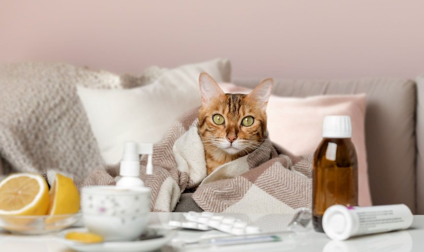 A sneezing cat sitting on a couch, surrounded by medicines