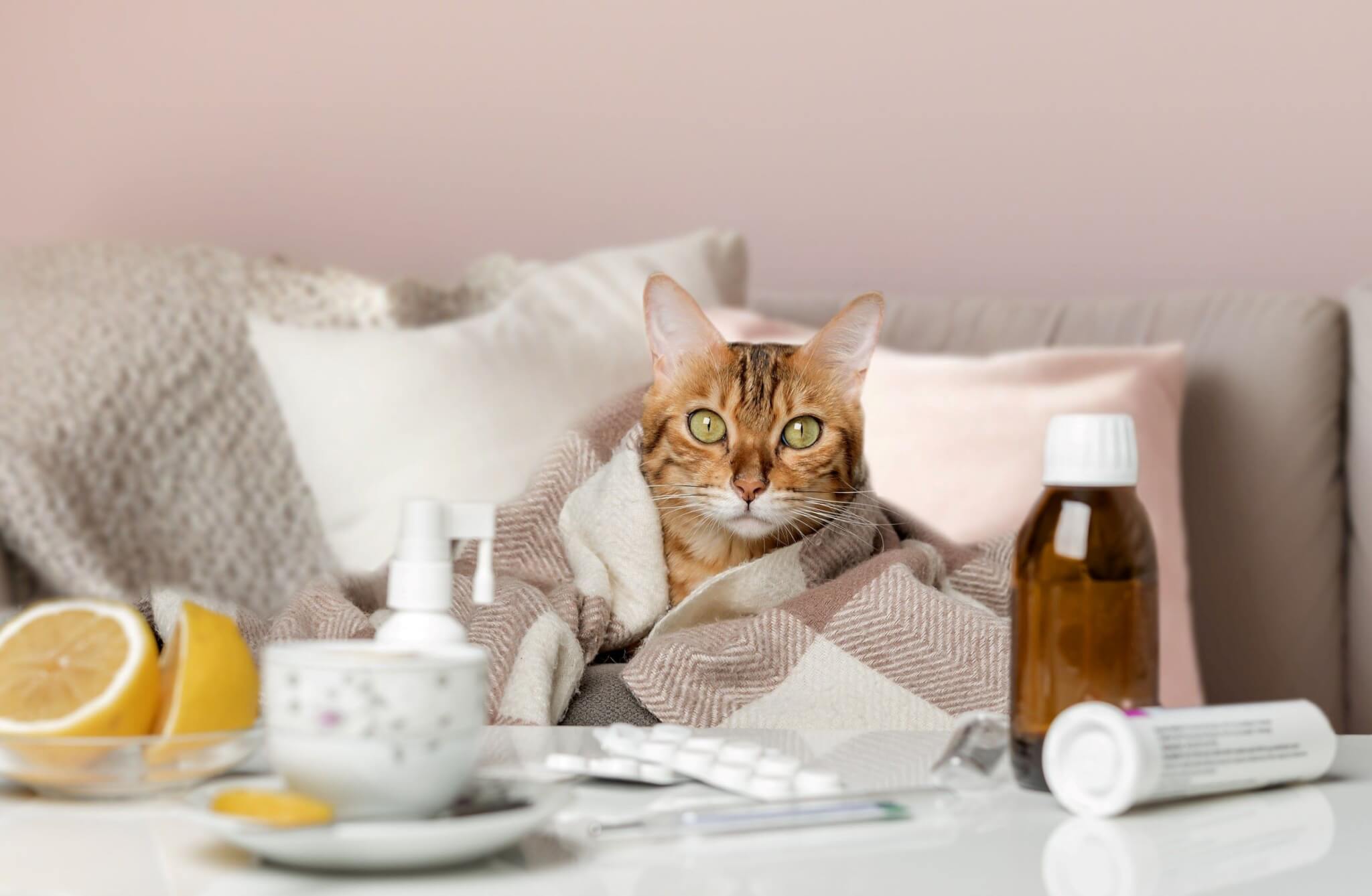 A sneezing cat sitting on a couch, surrounded by medicines