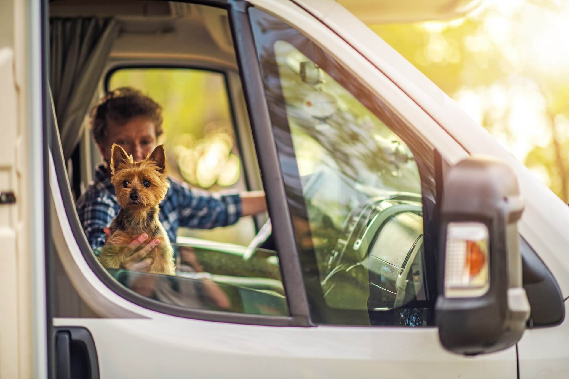 A woman traveling with her dog in an RV