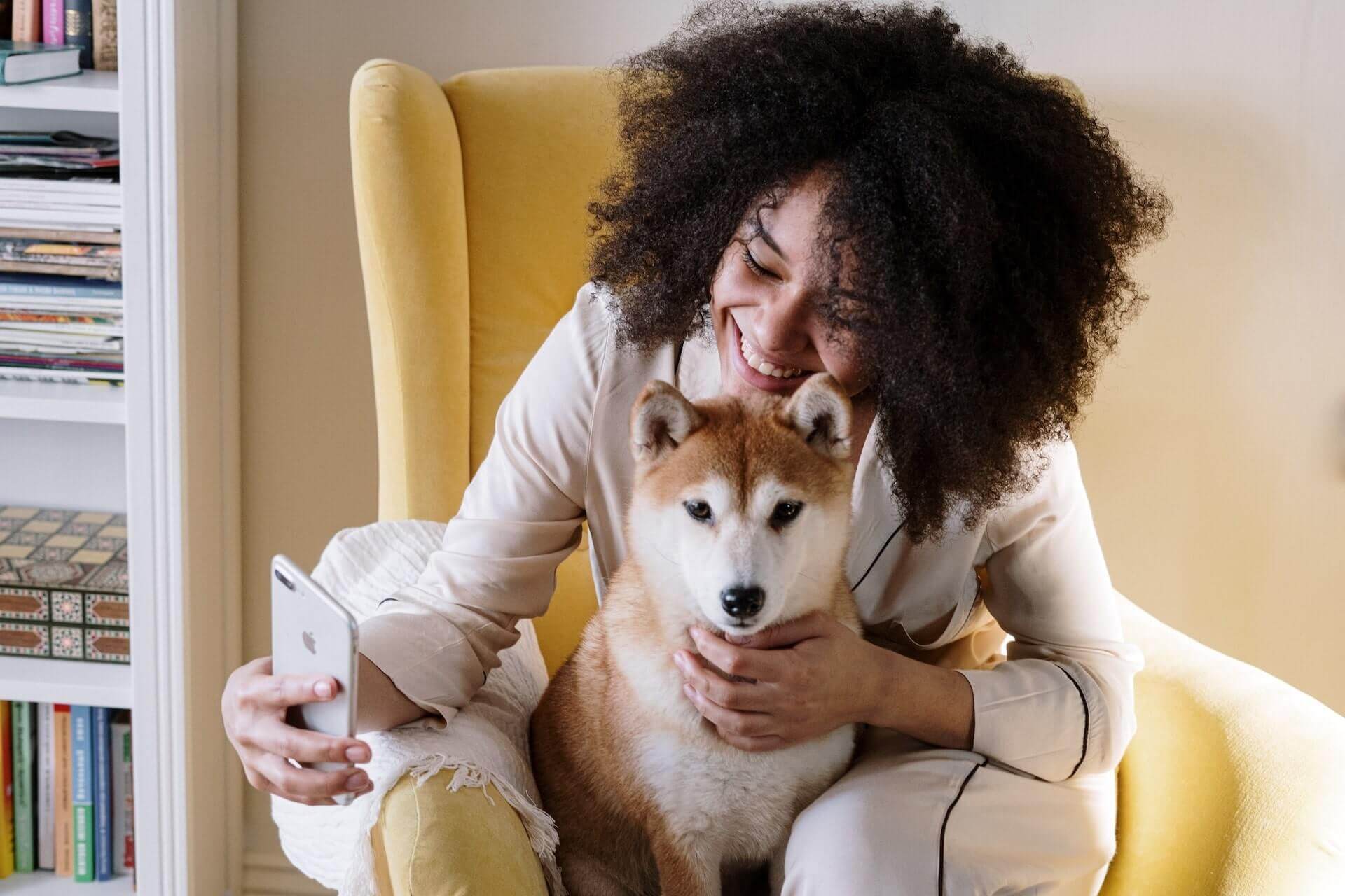 Frau sitzt mit einem Hund und iPhone auf gelbem Sessel 