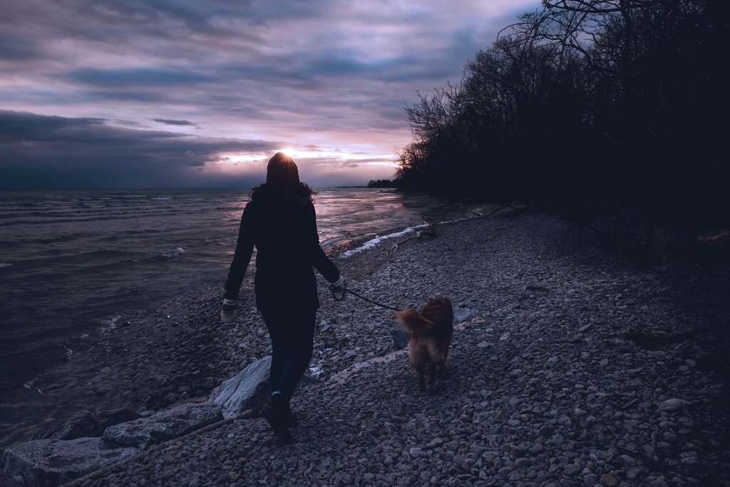 Kvinna som går ut med hunden i mörker på en strand med koppel