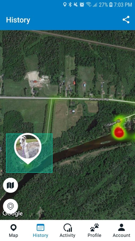 Screenshot aus dem Positionsverlauf der Tractive GPS App