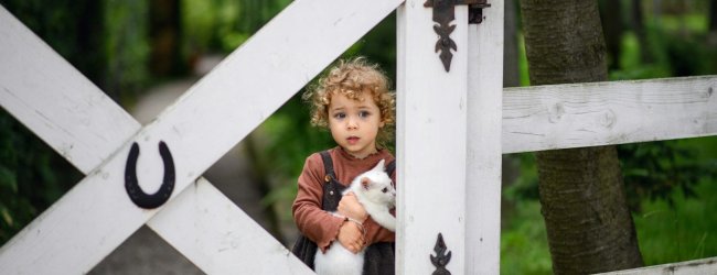 A child holding a cat standing by a fence