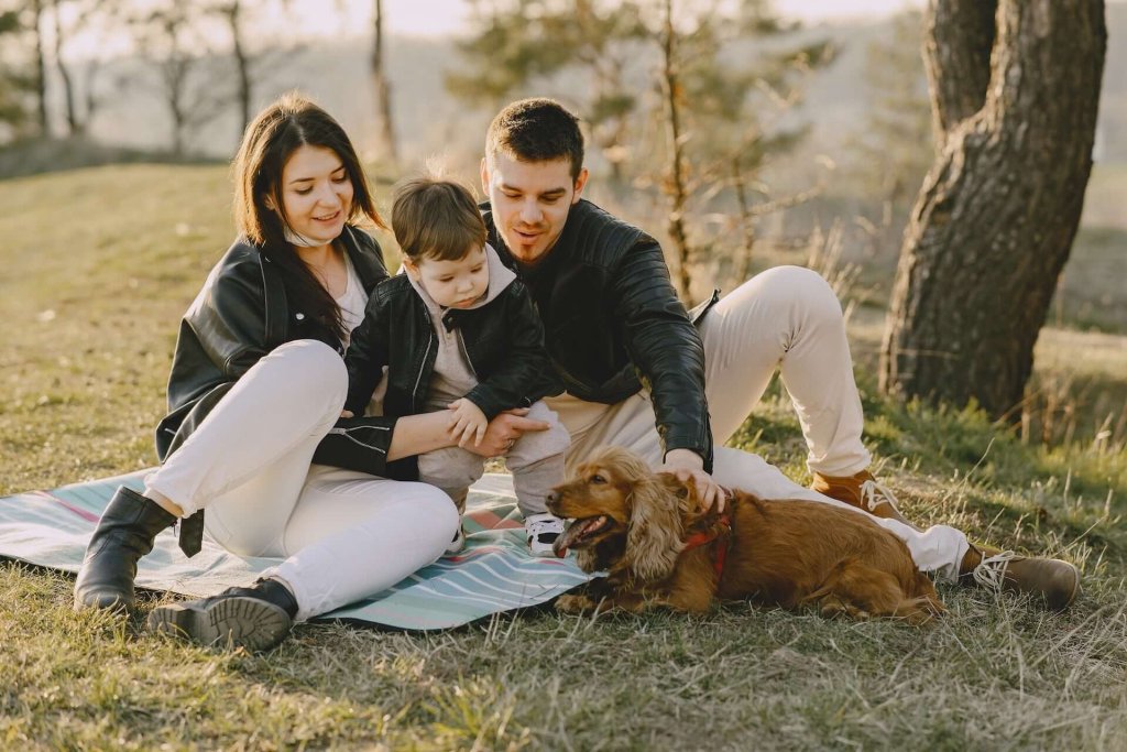 woman, man, child and dog sitting on a blanket outside in the grass