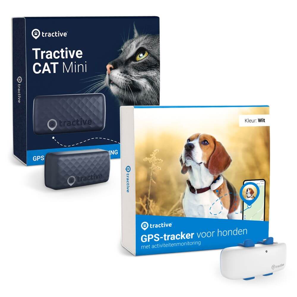 Verpakking van Tractive GPS-tracker voor katten en verpakking van Tractive GPS-tracker voor honden