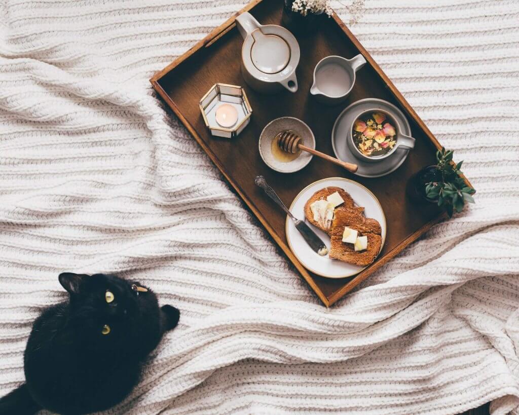 A cat sits by a breakfast tray on a bed.