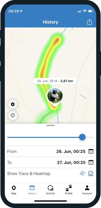 Tractive GPS:n lämpökartta, joka auttoi kissanpentujen löytämisessä.