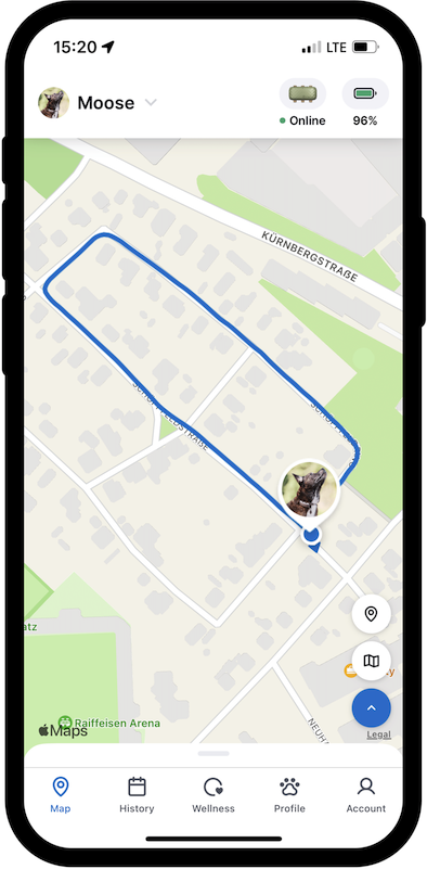 Skjermbilde som viser hvordan du sporer hunden din med Tractive-appen