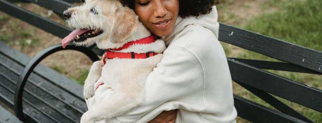 Frau hält einen Hund auf einer Bank draußen
