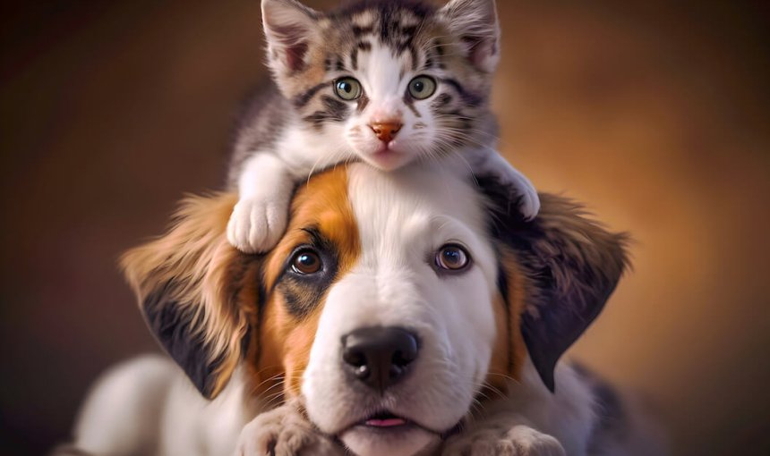 Katze sitzt auf dem Kopf eines Hundes