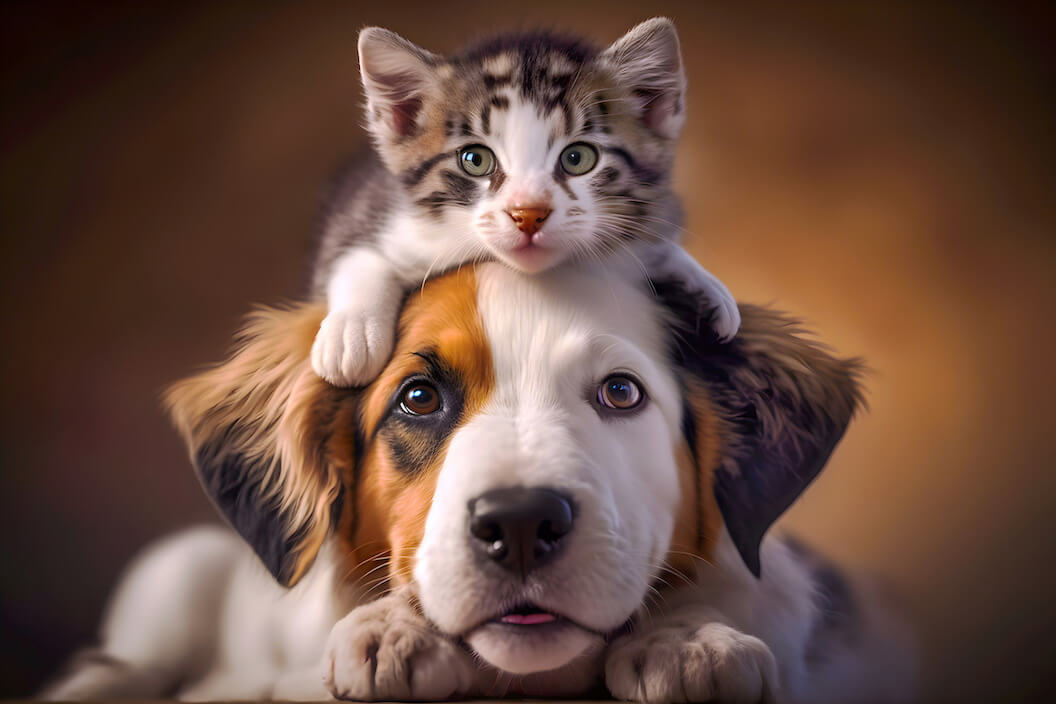 Katze sitzt auf dem Kopf eines Hundes