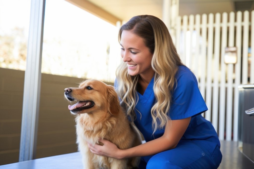 A hospital nurse spends time with a therapy dog