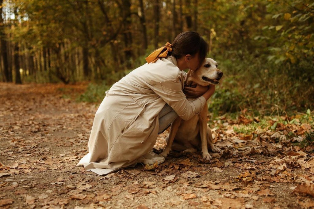 A woman hugging her dog in the woods