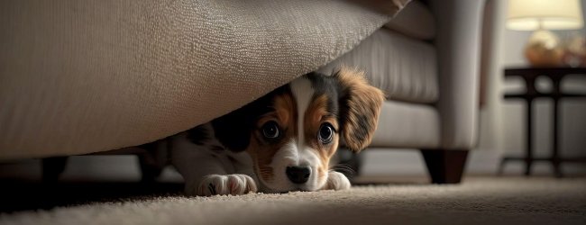 A puppy hiding under a bed