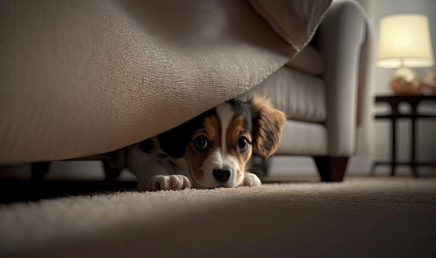 A puppy hiding under a bed