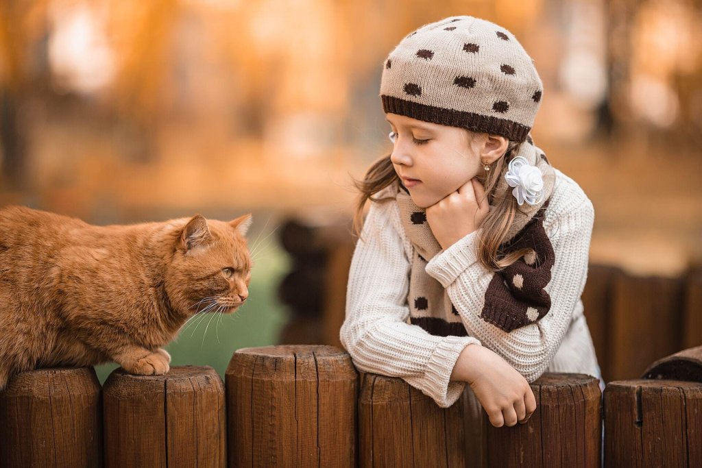 A little girl spending time with her cat by the garden fence