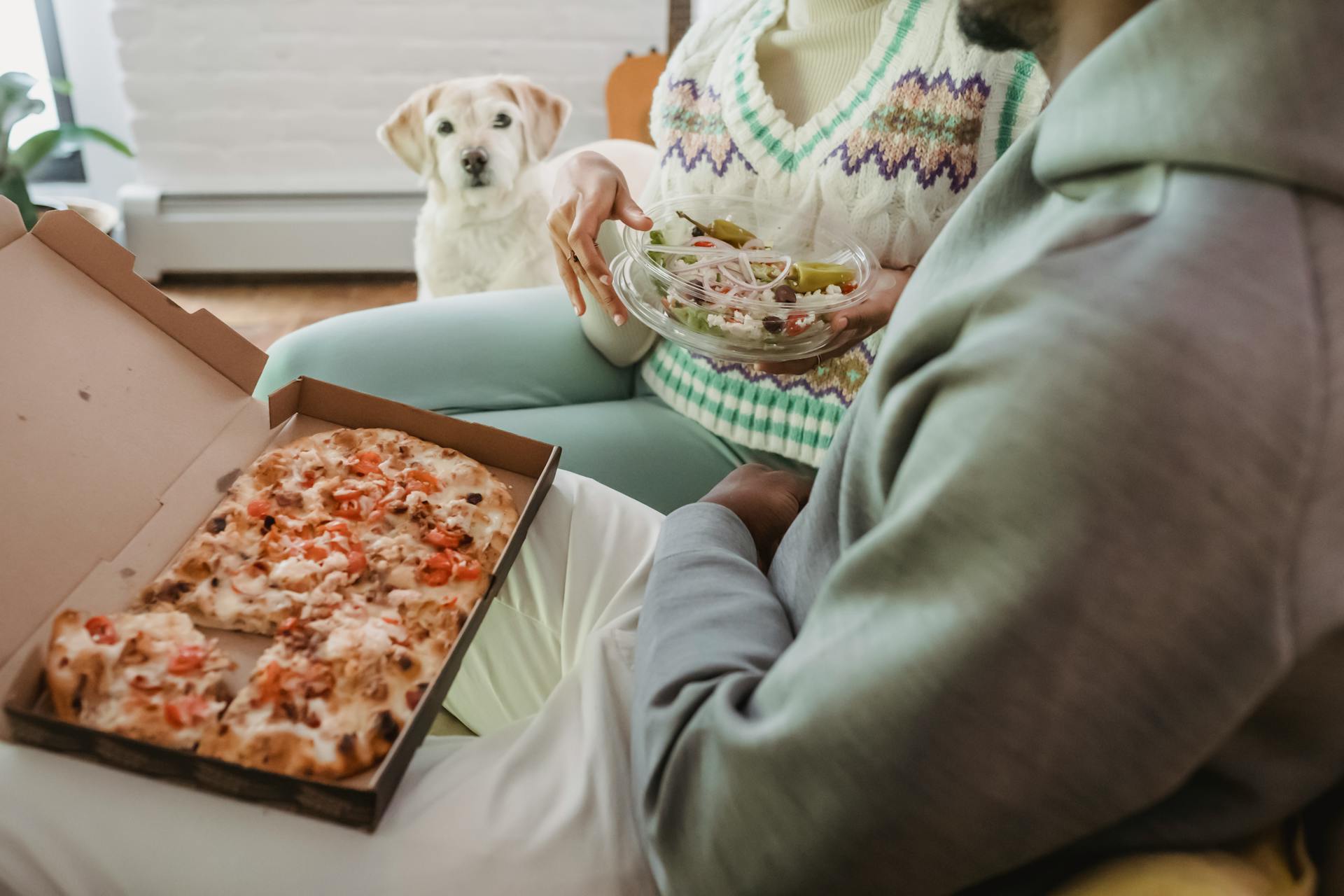 A dog sitting by a man and a woman eating salad and pizza